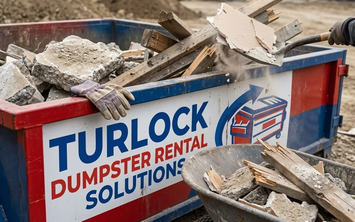 Dumpster loaded with broken concrete and heavy debris in Turlock