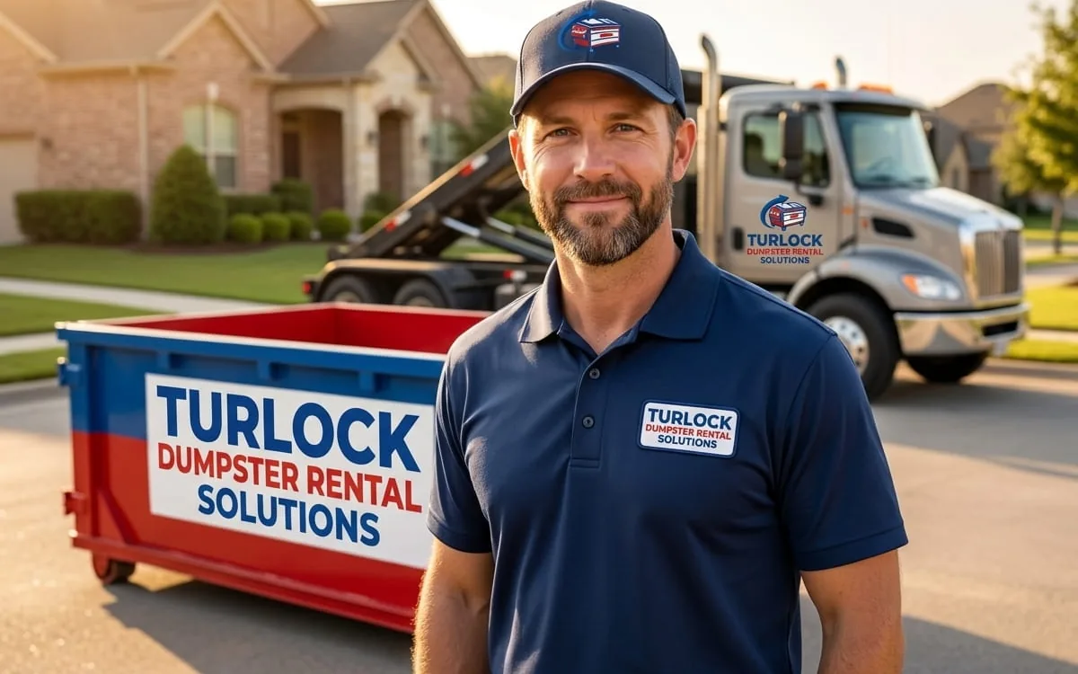 Locally owned dumpster rental company in Turlock MO Turlock Dumpster Rental Solutions container on an Stanislaus County driveway