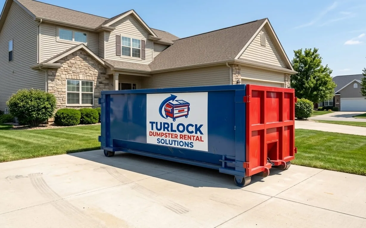 Roofing dumpster positioned by a Turlock home for a shingle tear-off