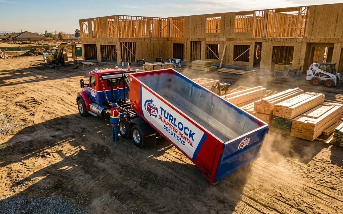 Homeowner loading yard brush into a dumpster in Turlock
